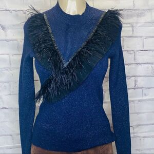 Sara Navon shimmer feather fringe sweater blue sweater with shimmer .